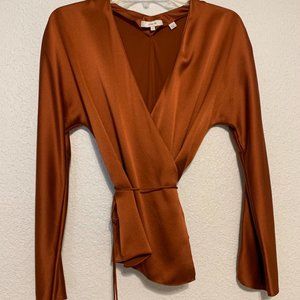 Vince XS burnt orange 100% silk wrap blouse